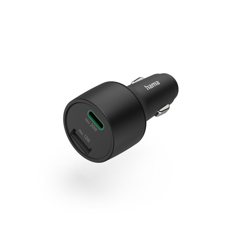 Ładowarka samochodowa Hama w kolorze czarnym, z portem USB-C 20W i portem USB-A 12W.