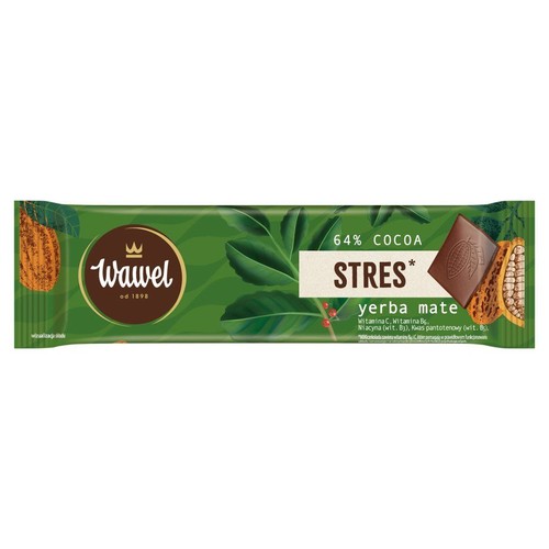 Czekolada Wawel STRES* z yerba mate w zielonym opakowaniu z motywem liści. Zawiera 64% kakao. Na grafice kawałek czekolady i przekrój owocu kakaowca. Produkt wzbogacony o witaminy C, B6, B3 i B5.