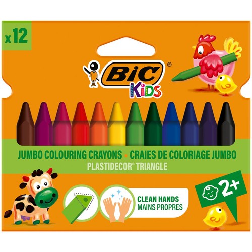 Opakowanie 12 kredek BIC Kids Jumbo Colouring Crayons. Kredki są trójkątne, przeznaczone dla dzieci od 2 lat i nie brudzą rąk.