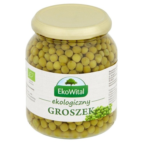 Słoik zielonego groszku konserwowego marki EkoWital. Na etykiecie napis "ekologiczny GROSZEK" i logo rolnictwa ekologicznego UE.