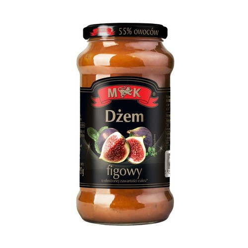 Słoik dżemu figowego M&K o obniżonej zawartości cukru, 285g. Na etykiecie grafika fig. Zawiera 55% owoców.