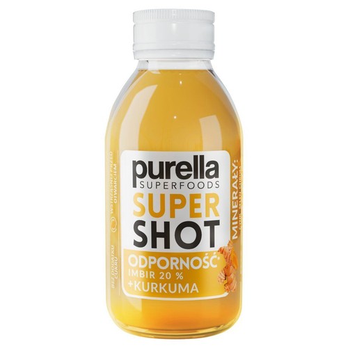 Butelka Purella Super Shot Odporność 100ml. Imbir 20%, kurkuma, cynk, selen, miedź. Wspiera odporność.