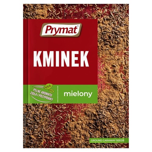 Opakowanie Prymat Kminek mielony. Czerwono-zielona torebka z napisem "Pełne aromatu zioła i przyprawy". W tle rozsypany kminek.