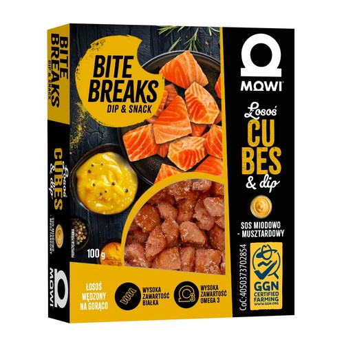 Łosoś wędzony na gorąco mini kostki z sosem Mowi 100 g