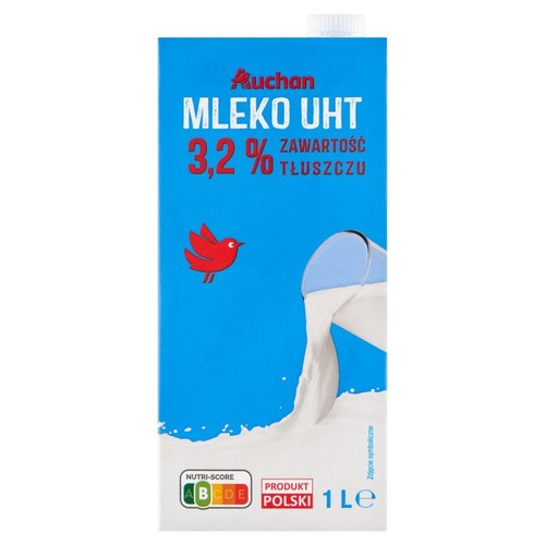 Opakowanie mleka UHT Auchan, 3,2% tłuszczu, pojemność 1 litr. Widoczny czerwony ptak i grafika mleka. Produkt Polski.