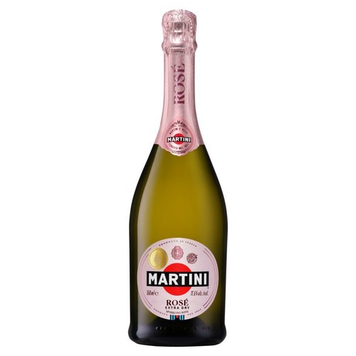Wino musujące Martini Rosé Extra Dry w zielonej butelce. Różowa etykieta z napisem "Martini" i "Rosé Extra Dry". Pojemność 750 ml, 11.5% objętości alkoholu. Produkt z Włoch.