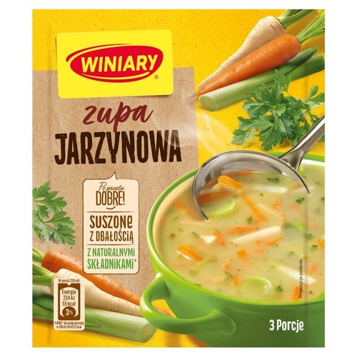 Opakowanie zupy jarzynowej Winiary 48g. Na nim grafika warzyw i miski z zupą. Napis "3 Porcje".