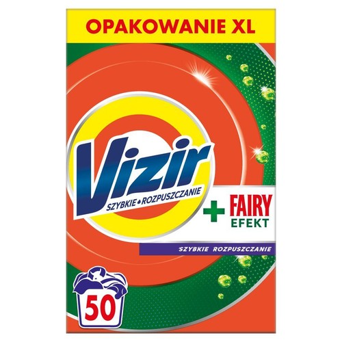 Opakowanie Vizir do prania, 50 dawek, szybkie rozpuszczanie. Efekt Fairy. Duże, pomarańczowo-zielone.