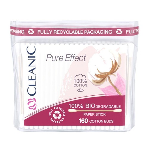Opakowanie 160 patyczków higienicznych Cleanic Pure Effect. Patyczki 100% biodegradowalne, z bawełny i papieru. Opakowanie recyklingowe.