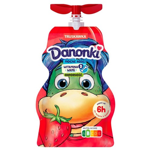 Danonki Truskawka w saszetce z czerwoną zakrętką. Na opakowaniu rysunek smoka i truskawki. Dla mocnych kości i odporności.