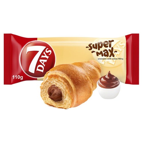 Rogalik 7 DAYS Super Max z nadzieniem kakaowym, 110g. Opakowanie czerwono-beżowe. Obok rogalik i krem kakaowy.