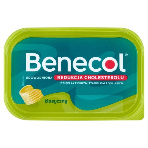 Benecol Klasyczny, margaryna obniżająca cholesterol. Zielone opakowanie z etykietą i grafiką produktu.