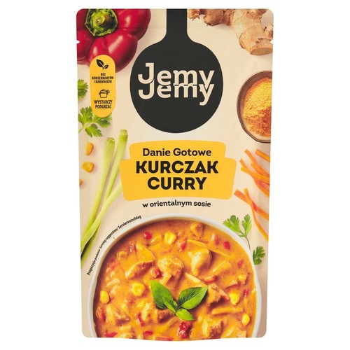 Opakowanie gotowego dania Jemy Jemy Kurczak Curry w orientalnym sosie. Produkt bez konserwantów i barwników, wystarczy podgrzać. Na górze grafiki papryki, imbiru i trawy cytrynowej. Na dole propozycja podania w misce.