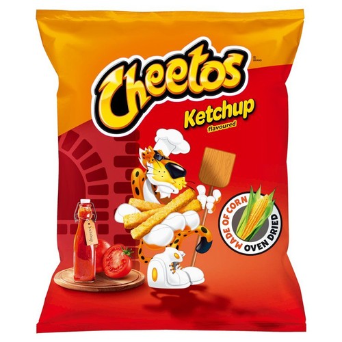 Pomarańczowo-czerwona paczka Cheetos o smaku ketchupu. Na opakowaniu maskotka geparda, przekąski kukurydziane, ketchup i pomidory.