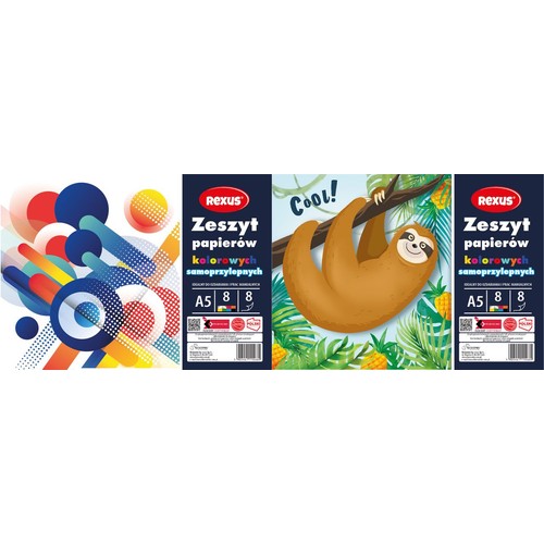 Notes Rexus w formacie A5, idealny do kreatywnych zastosowań. Zawiera 8 samoprzylepnych kartek w 8 żywych kolorach. Na okładce widnieje ilustracja brązowego leniwca, który wisi na gałęzi, otoczony zielonymi liśćmi i żółtymi ananasami.