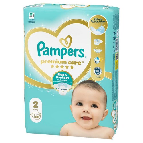 Paczka pieluszek Pampers Premium Care, rozmiar 2, 68 sztuk. Opakowanie w kolorze błękitnym z logo i wizerunkiem dziecka.