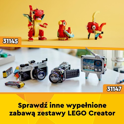 Kolekcja modeli LEGO Creator. Zestaw 31145 zawiera czerwonego smoka, ptaka i rybę. Zestaw 31147 oferuje aparat fotograficzny, kamerę wideo i telewizor. To inspirujące zestawy do kreatywnej zabawy.
