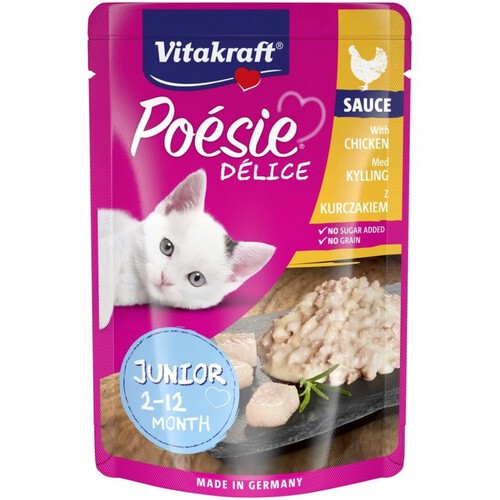 Karma mokra dla kociąt i dorastających kotów z kurczakiem w sosie Poesie Delice 85 g