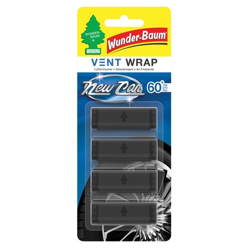 Opakowanie odświeżacza samochodowego Wunder-Baum Vent Wrap "New Car". Widoczne są 4 czarne, perforowane wkłady z logo drzewka, przeznaczone do montażu w kratce wentylacyjnej. Produkt zapewnia do 60 dni świeżości.