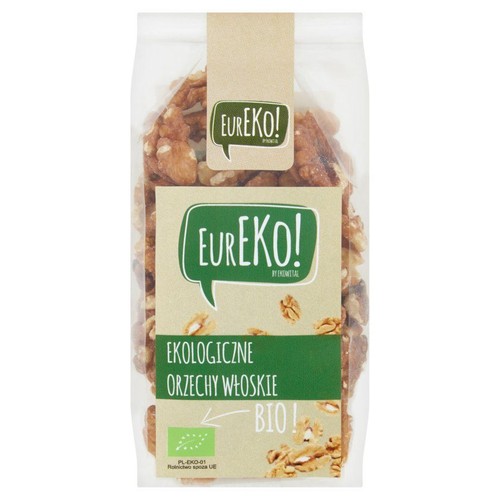 Opakowanie orzechów włoskich EUREKO! z zielono-beżową etykietą. Produkt ekologiczny, certyfikat BIO.