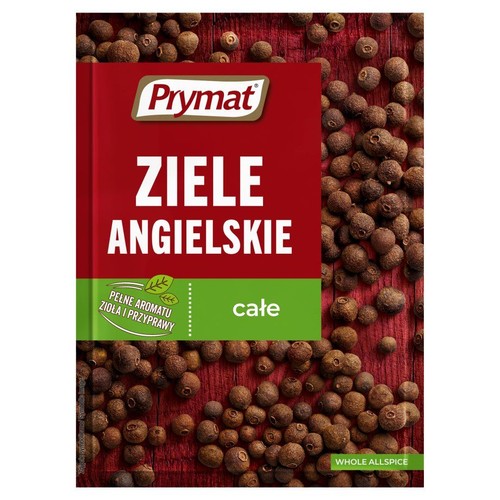 Opakowanie Prymat Ziele Angielskie całe. Czerwono-zielona torebka z brązowymi ziarnami ziela angielskiego w tle.