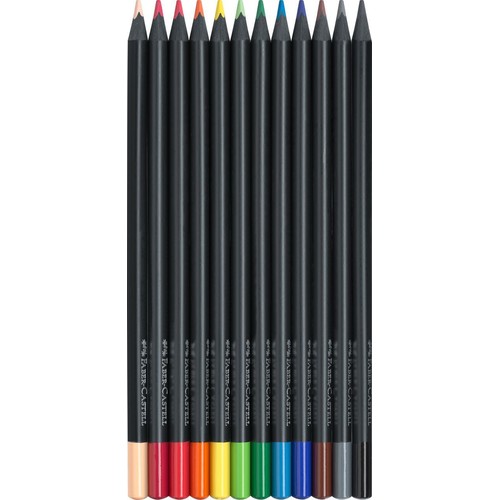 Zestaw dwunastu kredek ołówkowych Faber-Castell z czarnym korpusem i kolorowymi końcówkami. Kredki ułożone są pionowo.
