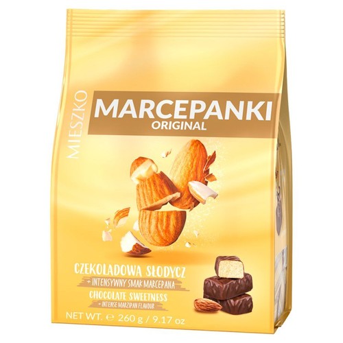 Złote opakowanie Mieszko Marcepanki Original, 260g. Produkt to czekoladowa słodycz z intensywnym smakiem marcepana. Na froncie grafika przedstawiająca całe i połamane migdały oraz dwie czekoladki marcepanowe, jedna przekrojona.