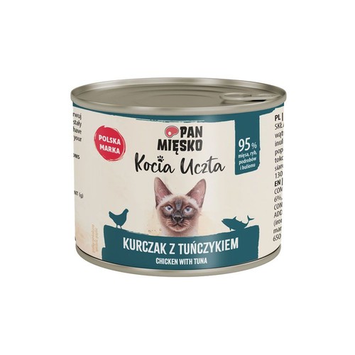 Metalowa puszka karmy dla kota Pan Mięsko Kocia Uczta, smak kurczak z tuńczykiem. Na beżowej etykiecie widnieje wizerunek kota syjamskiego, sylwetki kurczaka i ryby. Produkt zawiera 95% mięsa, ryb, podrobów i bulionu.