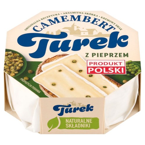 Opakowanie sera Camembert Turek z pieprzem. Na etykiecie widoczny napis: Produkt Polski i Naturalne składniki. Grafika prezentuje ser z zielonym pieprzem na kromkach chleba oraz miseczkę z pieprzem. Opakowanie ma kształt ośmiokąta.
