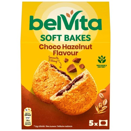 Żółte opakowanie belVita Soft Bakes, czekoladowo-orzechowe. Przekrojone ciastko z czekoladowym nadzieniem. Pełnoziarniste.