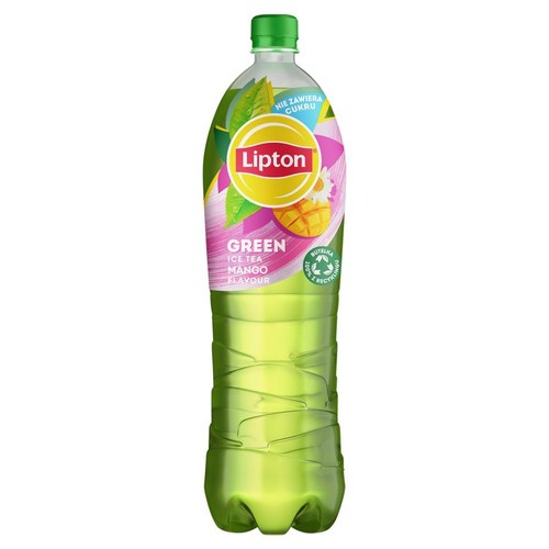 Butelka Lipton Green Ice Tea o smaku mango. Na etykiecie grafika mango i liści. Opakowanie w 100% z recyklingu.