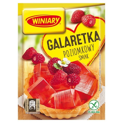 Produkt Winiary: galaretka o smaku poziomkowym. Opakowanie jest żółte, z dużą grafiką deseru. Prezentuje on czerwoną galaretkę w kostkach, umieszczoną w babeczce, udekorowaną świeżymi poziomkami. Jest to jedynie propozycja podania.