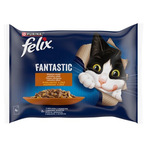Granatowe opakowanie zbiorcze karmy Felix Fantastic, z nadrukiem kota i miski z jedzeniem. Wskazuje na 4 porcje.
