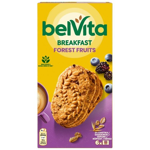 BelVita Breakfast Forest Fruits, pełnoziarniste ciastka śniadaniowe. Żółto-fioletowe pudełko z grafiką ciastek i owoców leśnych.