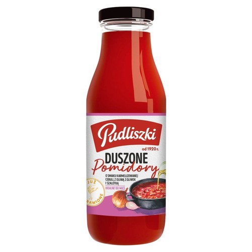 Butelka Pudliszki Duszonych Pomidorów. Z karmelizowaną cebulą, oliwą z oliwek i szalotką. Już przyprawione.
