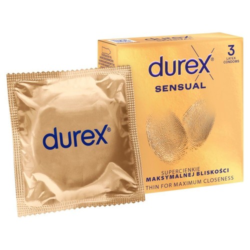 Złote opakowanie prezerwatyw Durex Sensual, 3 sztuki. Obok leży jedna prezerwatywa w złotym foliowym opakowaniu.