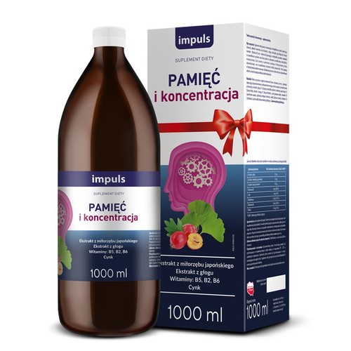 Suplement diety Impuls Pamięć i koncentracja w brązowej butelce o pojemności 1000 ml oraz w kartonowym opakowaniu. Produkt zawiera ekstrakty z miłorzębu japońskiego i głogu, witaminy B5, B2, B6 oraz cynk. Opakowanie ma grafikę głowy z zębatkami.