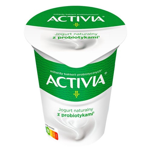 Opakowanie jogurtu Activia naturalnego z probiotykami. Kubek jest biały, a etykieta i wieczko zielone. Podkreślono obecność miliardów bakterii probiotycznych.