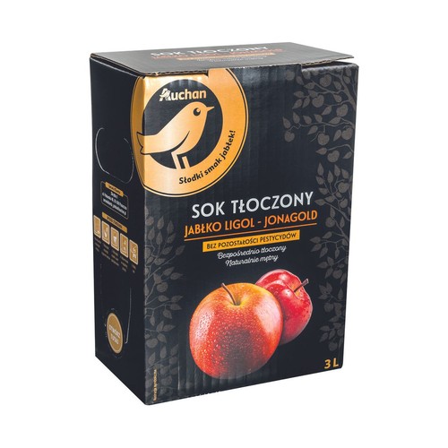Auchan sok tłoczony jabłko Ligol-Jonagold, 3L. Bez pozostałości pestycydów, naturalnie mętny.