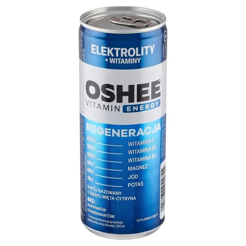 Niebiesko-srebrna puszka OSHEE Vitamin Energy. Napój gazowany z witaminami i elektrolitami, 250 ml. Smak mięta-cytryna.