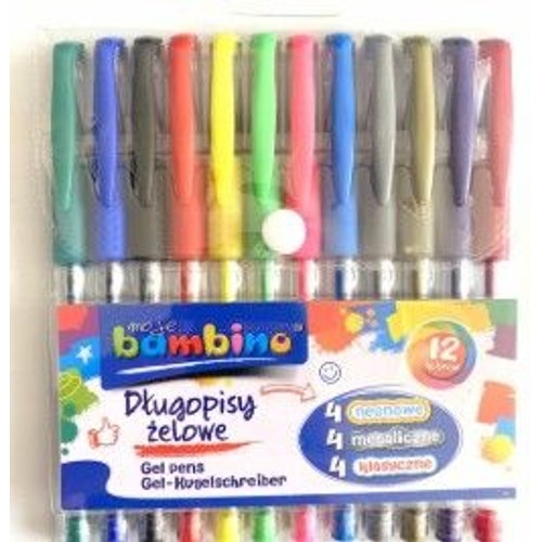 Zestaw 12 długopisów żelowych marki Moje Bambino, zapakowany w przezroczysty blister. Opakowanie zawiera 4 długopisy neonowe, 4 metaliczne i 4 klasyczne, każdy w innym, żywym kolorze. Idealne do pisania i rysowania.
