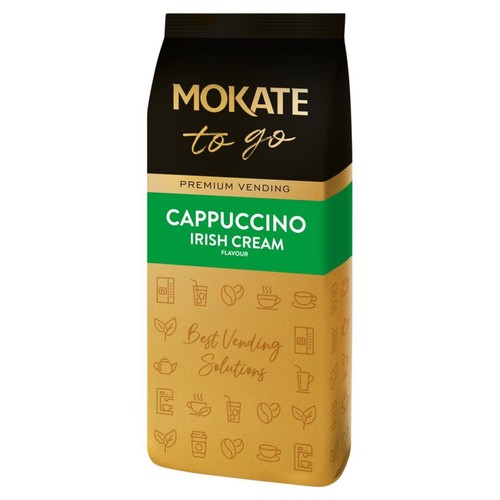 Mokate to go Cappuccino Irish Cream, Premium Vending. Torebka produktu do automatów, z grafikami kawy.