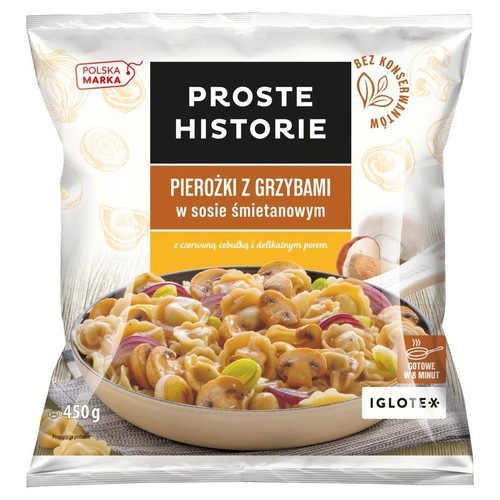 Pierożki z grzybami Proste Historie w sosie śmietanowym z czerwoną cebulką i porem, 450 g. Bez konserwantów.