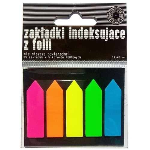Zestaw 25 zakładek indeksujących z folii, widocznych w przezroczystym opakowaniu. Zakładki są w 5 neonowych kolorach: różowym, pomarańczowym, żółtym, zielonym i niebieskim. Mają wymiary 12x45 mm.
