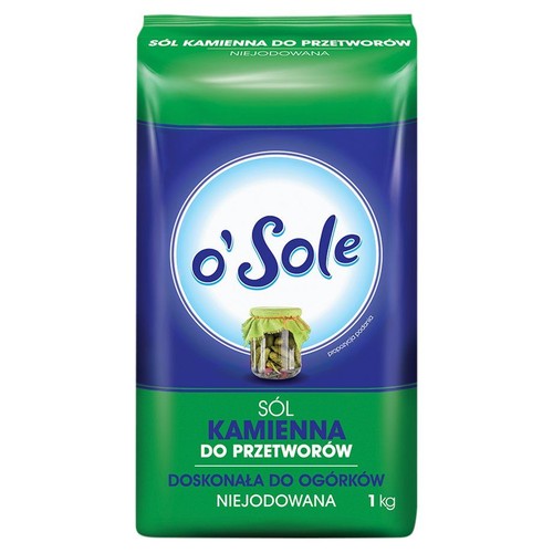 Zielono-niebieska torebka soli kamiennej O'Sole, niejodowanej, do przetworów. Waga 1 kg. Na środku logo O'Sole.