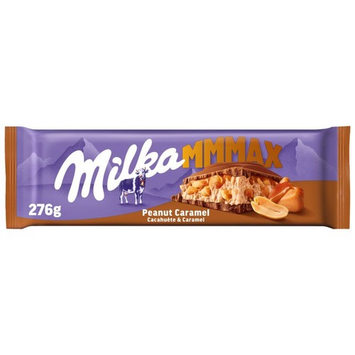 Opakowanie czekolady Milka MMMax Peanut Caramel, 276g. Fioletowe tło z logo Milka i wizerunkiem krowy. Na opakowaniu grafika przedstawiająca przekrojony baton z orzeszkami ziemnymi i karmelem oraz pojedyncze orzeszki.