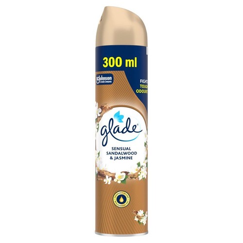 Odświeżacz Glade Sensual Sandalwood & Jasmine, 300 ml. Brązowa puszka z beżową nakładką i motywem kwiatów.
