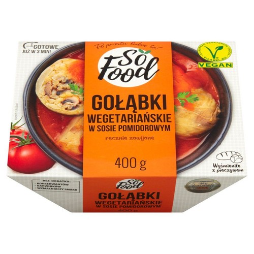 So Food Gołąbki Wegetariańskie, ręcznie zawijane, w sosie pomidorowym. Wegańskie danie 400g, bez konserwantów.