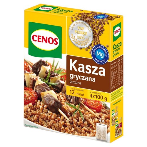 Opakowanie kaszy gryczanej prażonej CENOS, 4x100g. Na pudełku danie z kaszy z szaszłykami. Naturalne źródło magnezu.