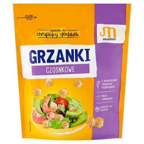 Grzanki czosnkowe Mamut z czosnkiem niedźwiedzim. Idealne do sałatek, mega chrupiące. Pomarańczowo-fioletowa torebka.